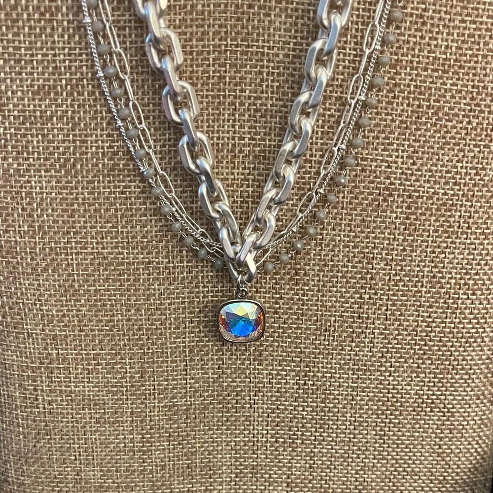 Pink Panache Layered Silver Necklace with Iridescent Pendant